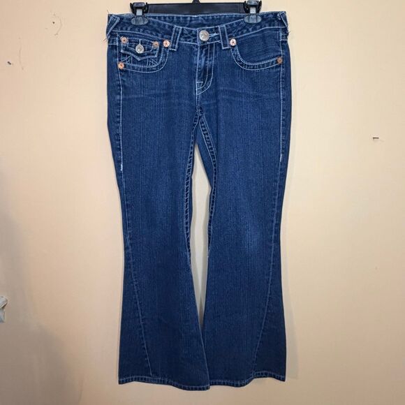 True Religion Joey super T low-rise flare jeans flap pockets & twisted inseam - Picture 1 of 8